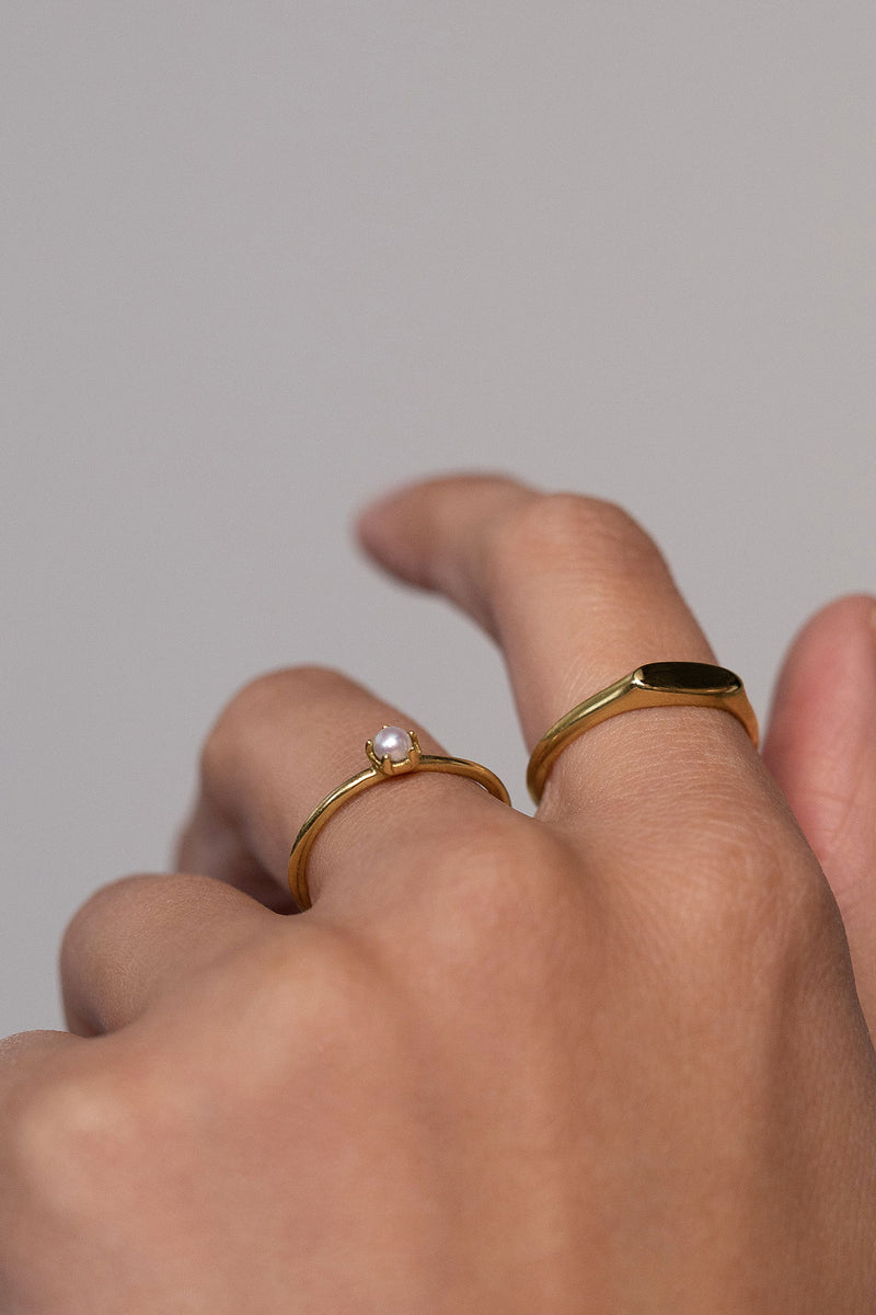 Signet Ring in Golden Brass, Close Up Worn Detail