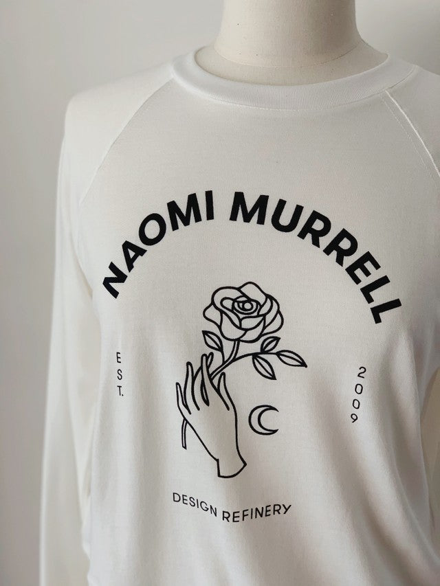 New Romantic Sweat, White Organic Cotton French Terry, Detail View, by Naomi Murrell