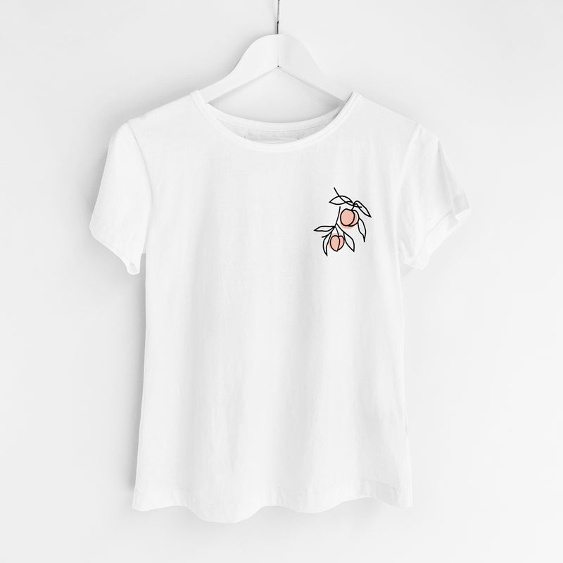 Momo (Peaches) T-Shirt, White Organic Cotton, Front View, by Naomi Murrell