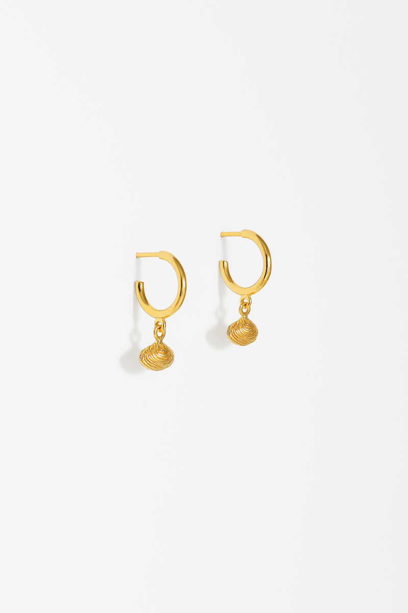 Clam Shell Charm Hoops in Gold Vermeil.