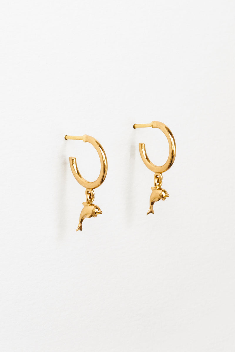 Dolphin Charm Hoops in Golden Brass, Zoom View