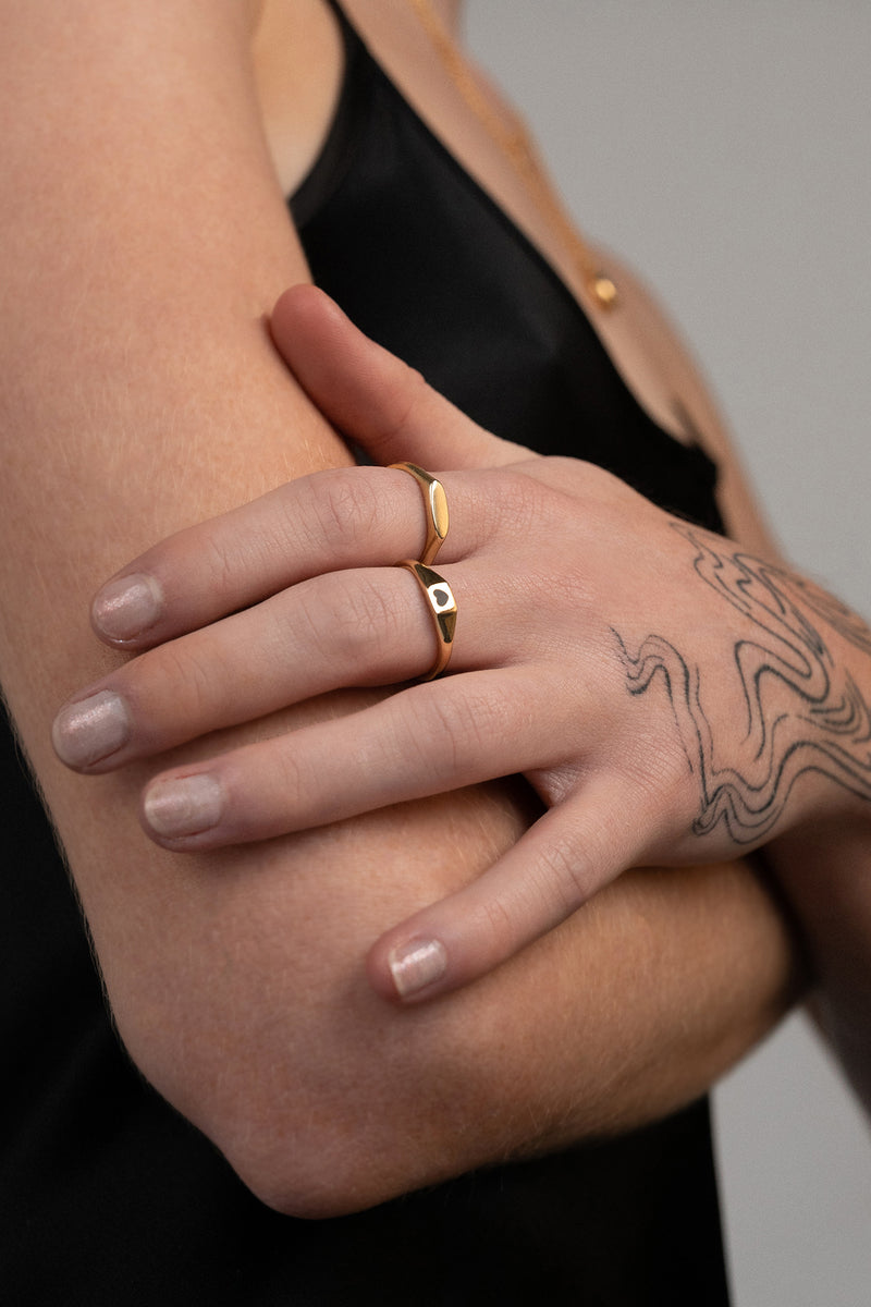 Heart Signet Ring in Golden Brass, Worn Front View