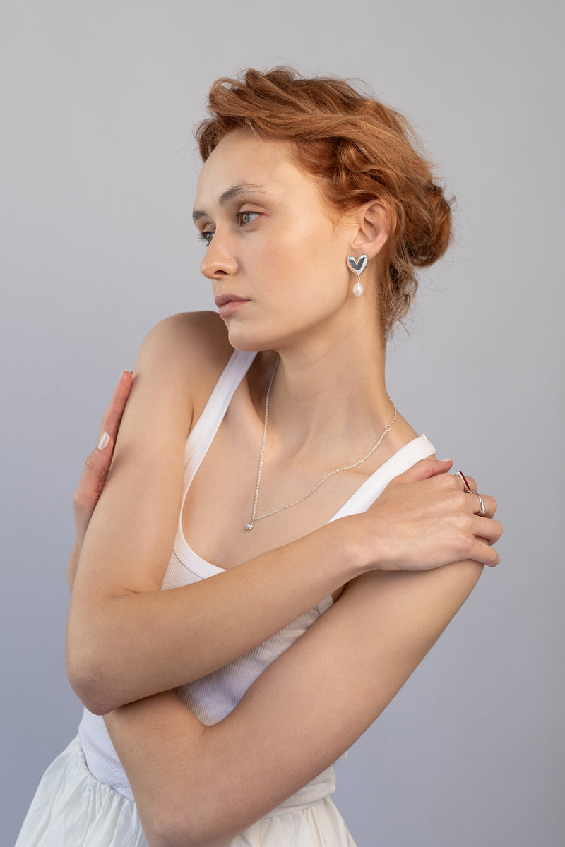 Mondo Heart + Pearl Earrings, Sterling Silver