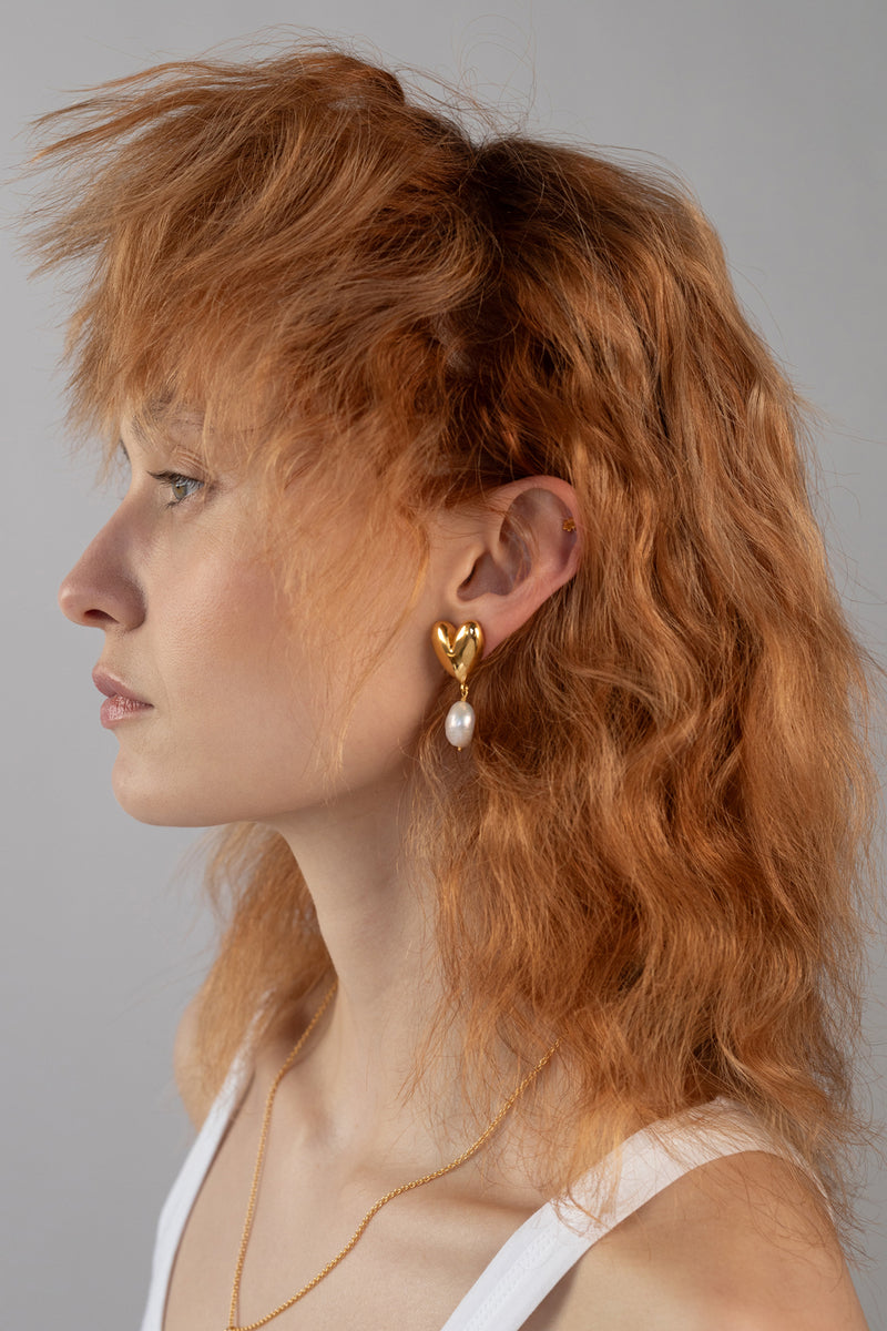Mondo Heart + Pearl Earrings, Gold Vermeil