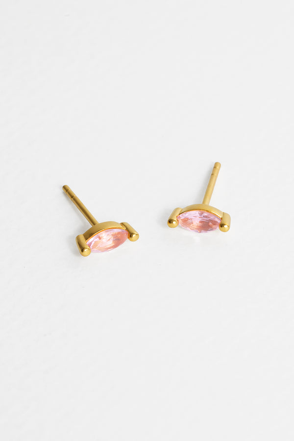 Pink Tourmaline Studs, Gold Vermeil, close up.