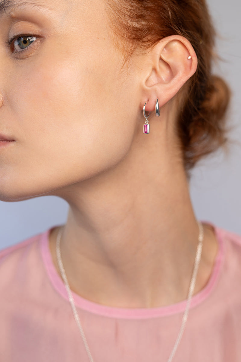 Pink Tourmaline Charm Hoops, Sterling Silver