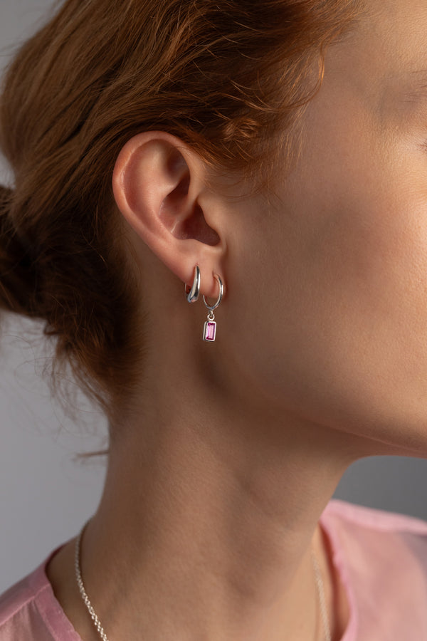 Pink Tourmaline Charm Hoops, Sterling Silver