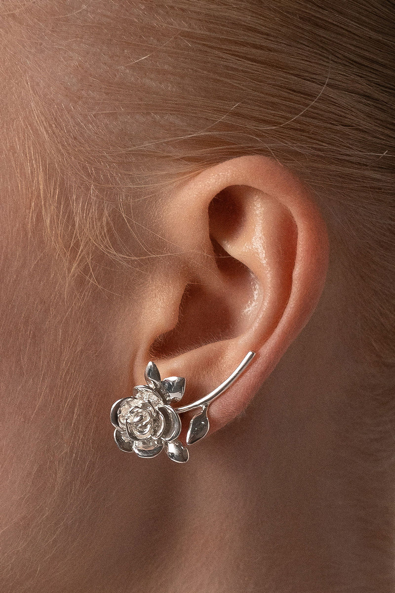 Rose Ear Climber in Sterling Silver, Close Up Side View Detail