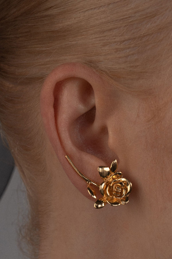 Rose Ear Climber in Gold Vermeil, Close Up Side View Detail