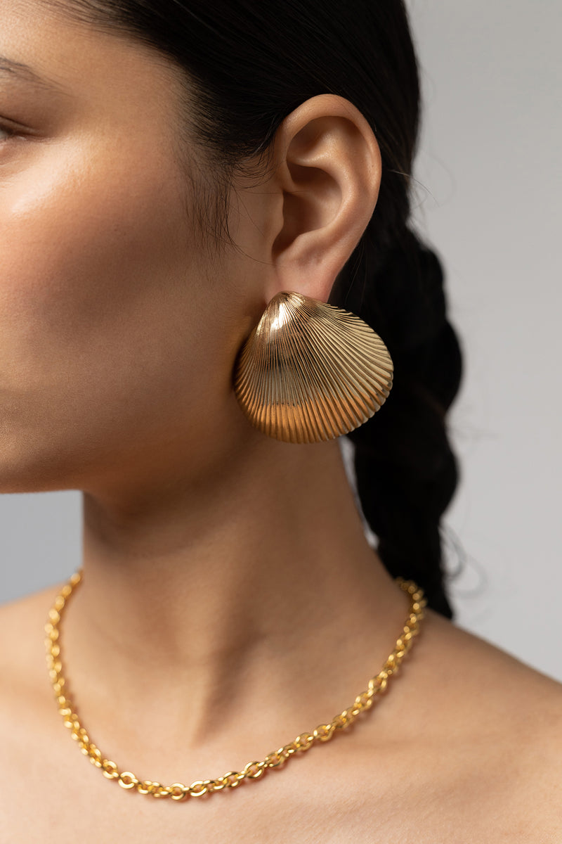 Shell Earring in Golden Brass, Worn Side View