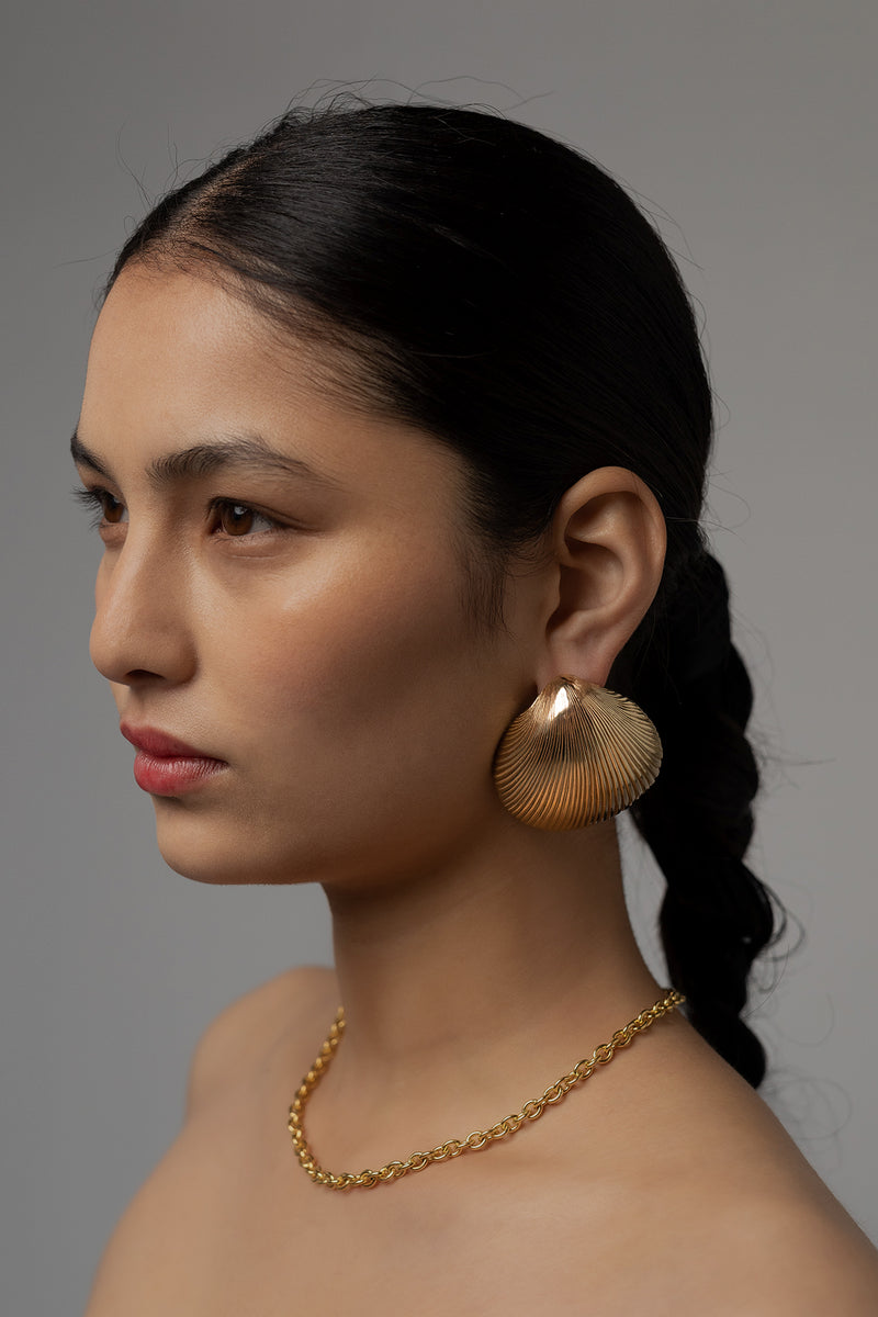 Jumbo Shell Earring in Golden Brass, Worn Side View