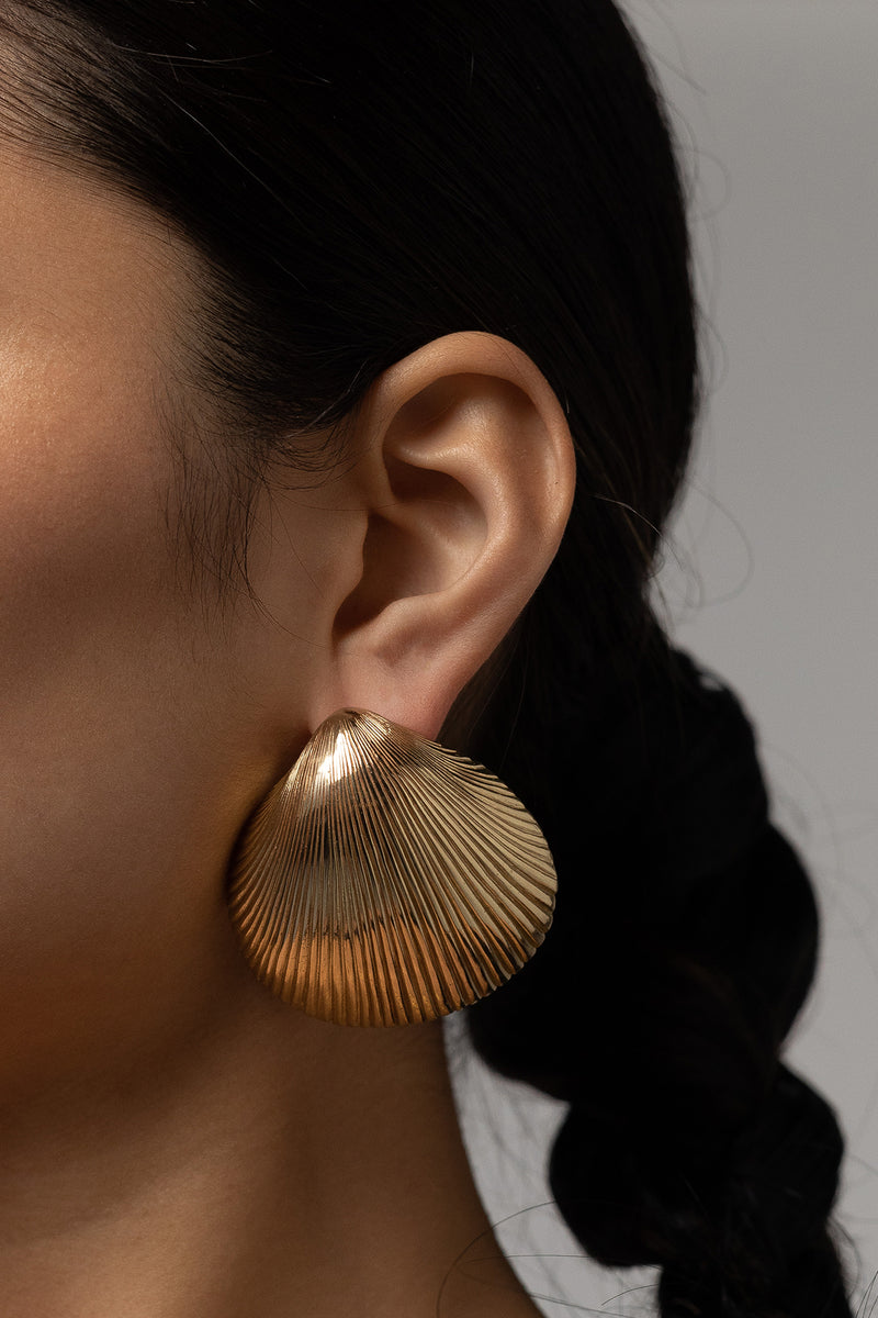 Jumbo Shell Earring in Golden Brass, Worn Close Up Details