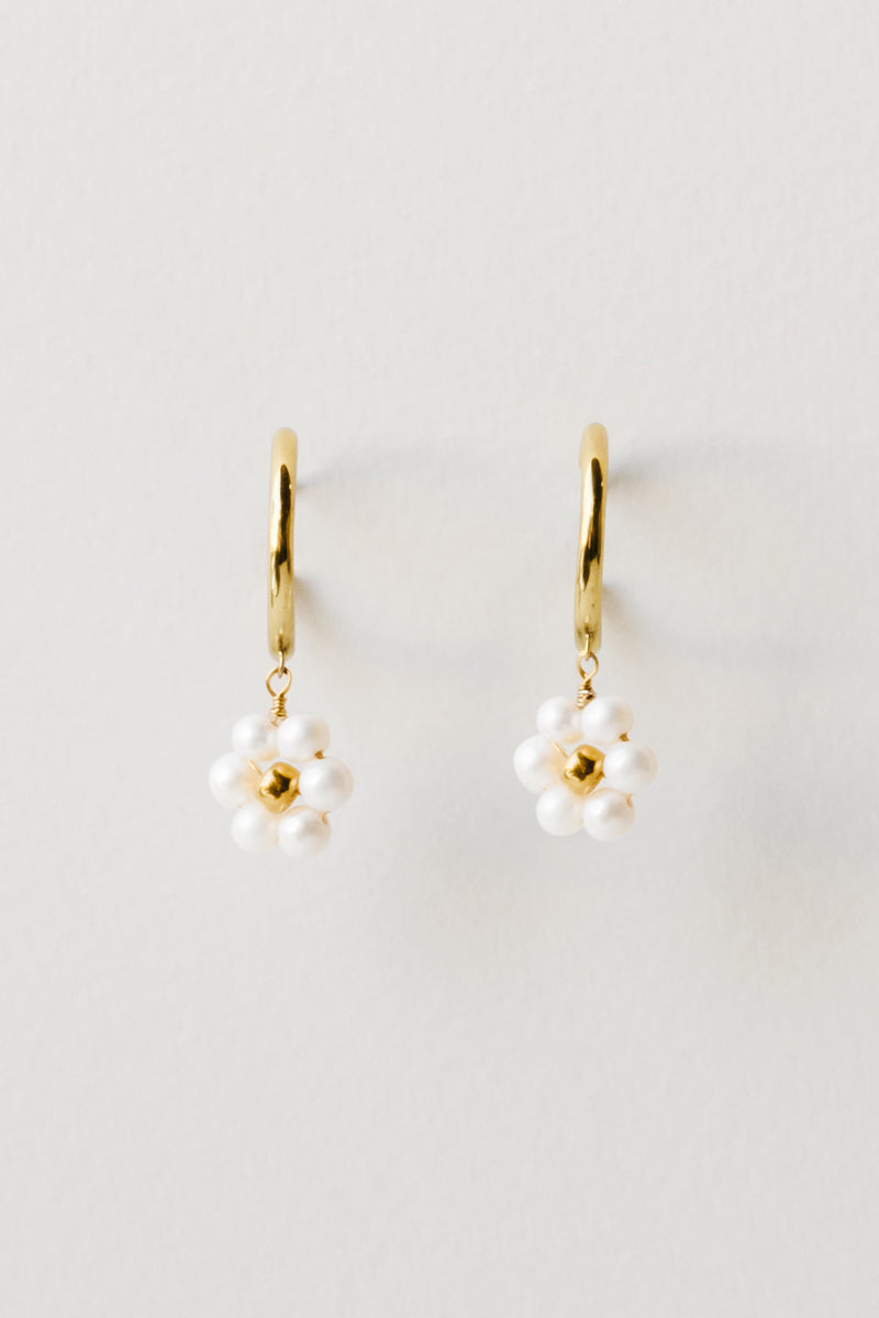 Pearl Daisy Hoops, Golden Brass