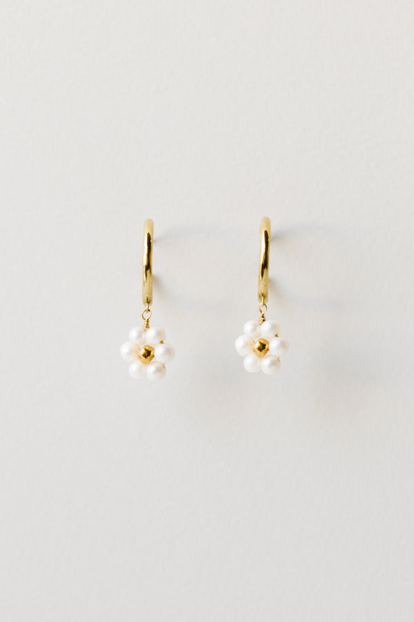 Pearl Daisy Hoops, Golden Brass