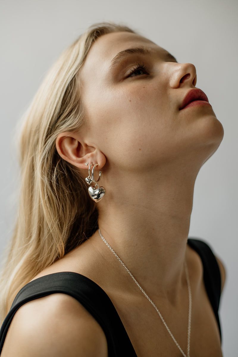 Bold Puffy Heart Hoops, Sterling Silver