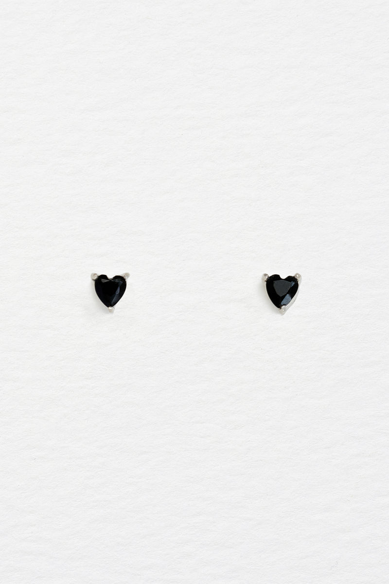Onyx Heart Studs in Sterling Silver Front View