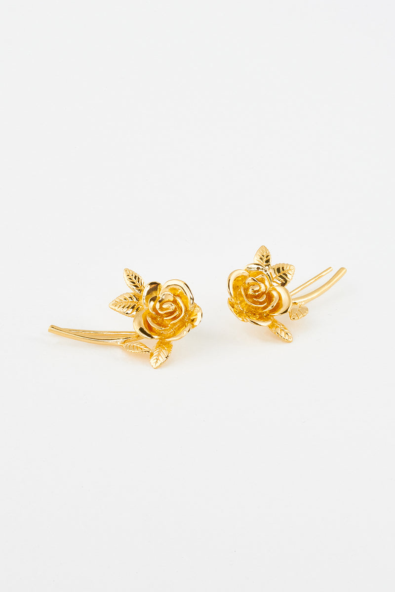 Rose Ear Climber Studs in Gold Vermeil, in detail