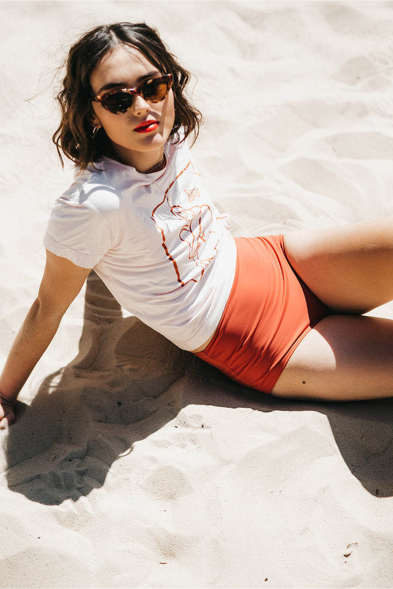 Art School T-Shirt, Baby Peach Organic Cotton, Worn View 2, by Naomi Murrell