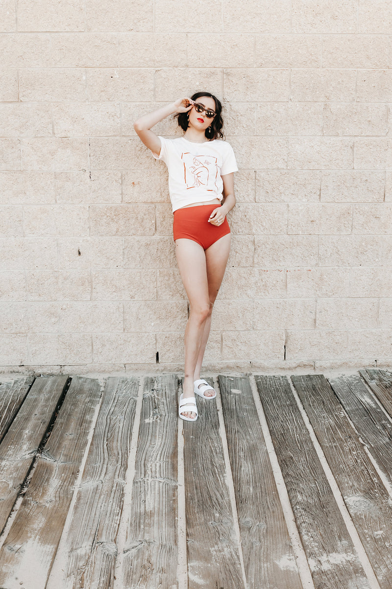 Art School T-Shirt, Baby Peach Organic Cotton, Worn View 4, by Naomi Murrell