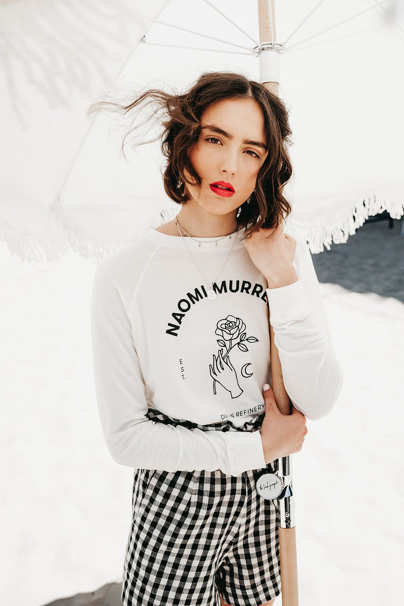 New Romantic Sweat, White Organic Cotton French Terry, Worn View 1,  by Naomi Murrell