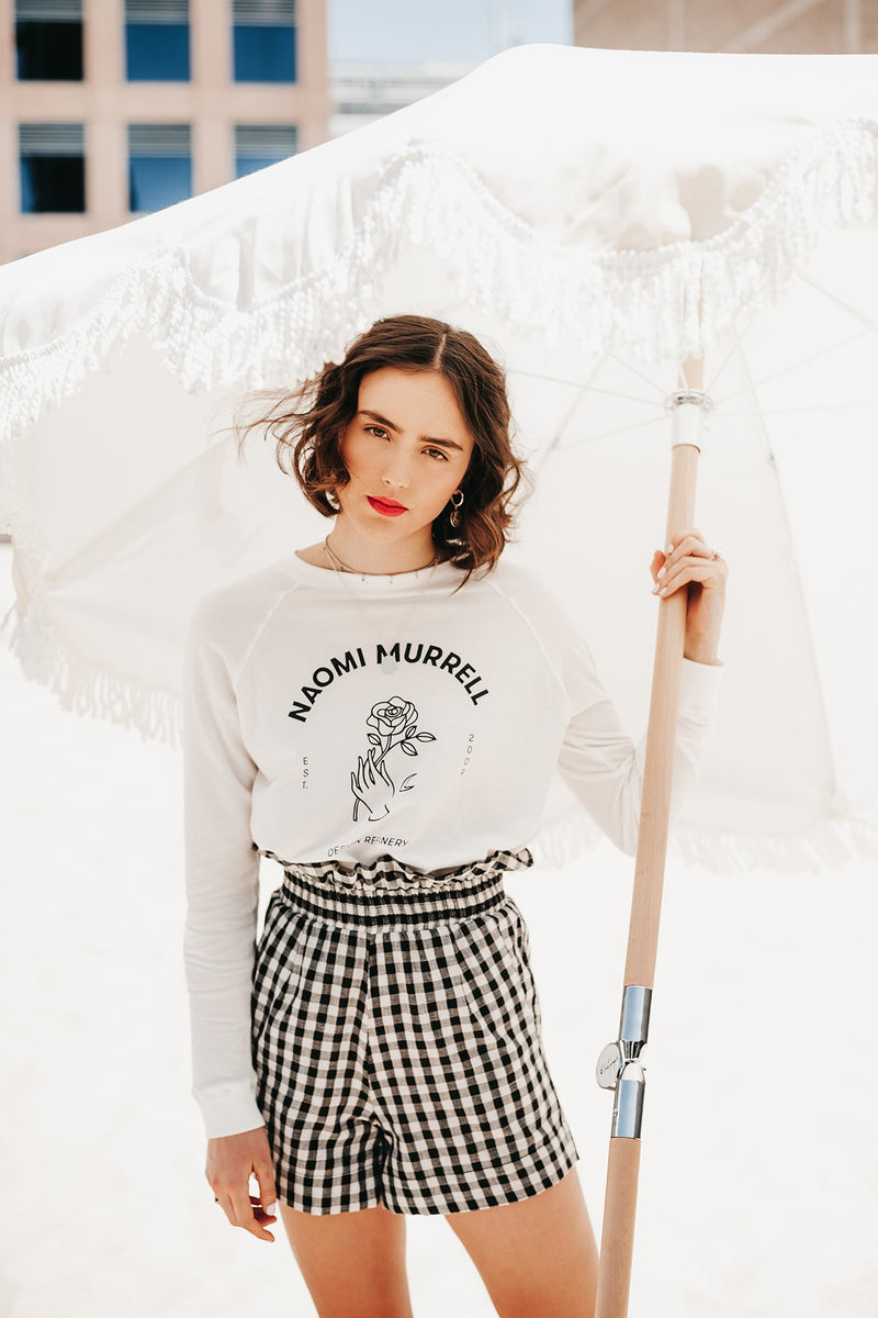 New Romantic Sweat, White Organic Cotton French Terry, Worn View 2,  by Naomi Murrell
