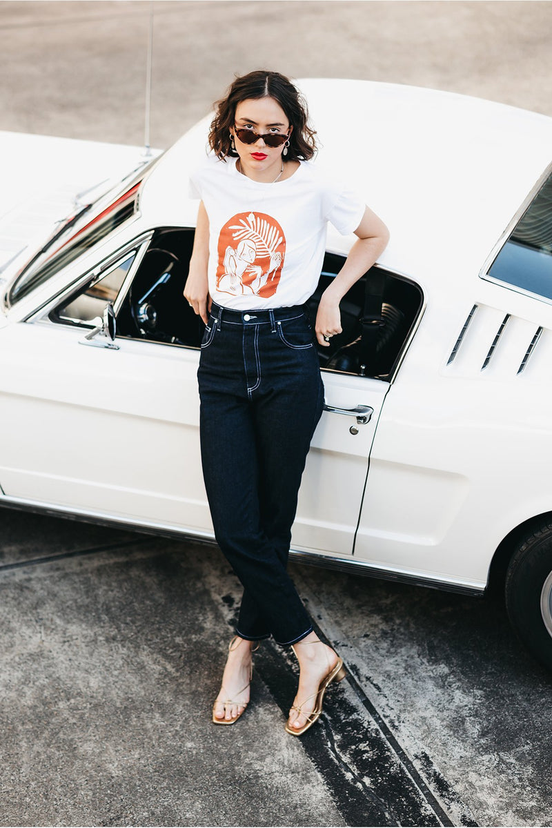 Paradiso T-Shirt, White Organic Cotton, Worn View 3, by Naomi Murrell