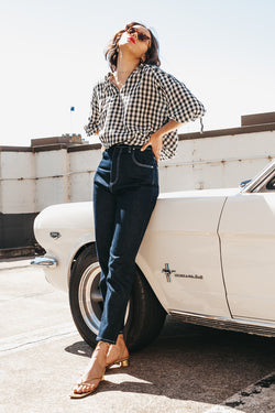 Poet Top in Black and White Gingham, Handloom Organic Cotton, Worn View 1, by Naomi Murrell