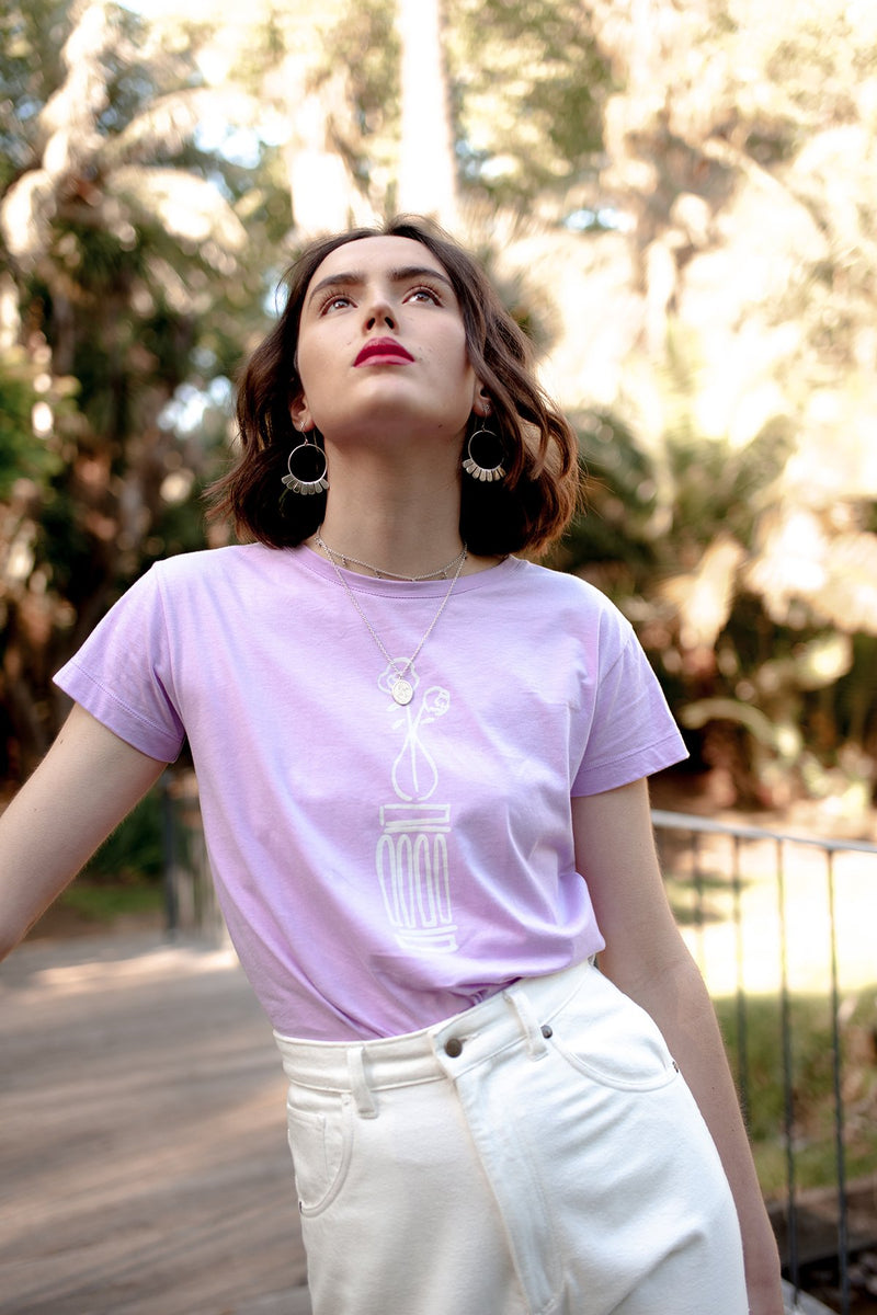 Rosewater T-Shirt, Lavender Organic Cotton, Worn View 1, by Naomi Murrell