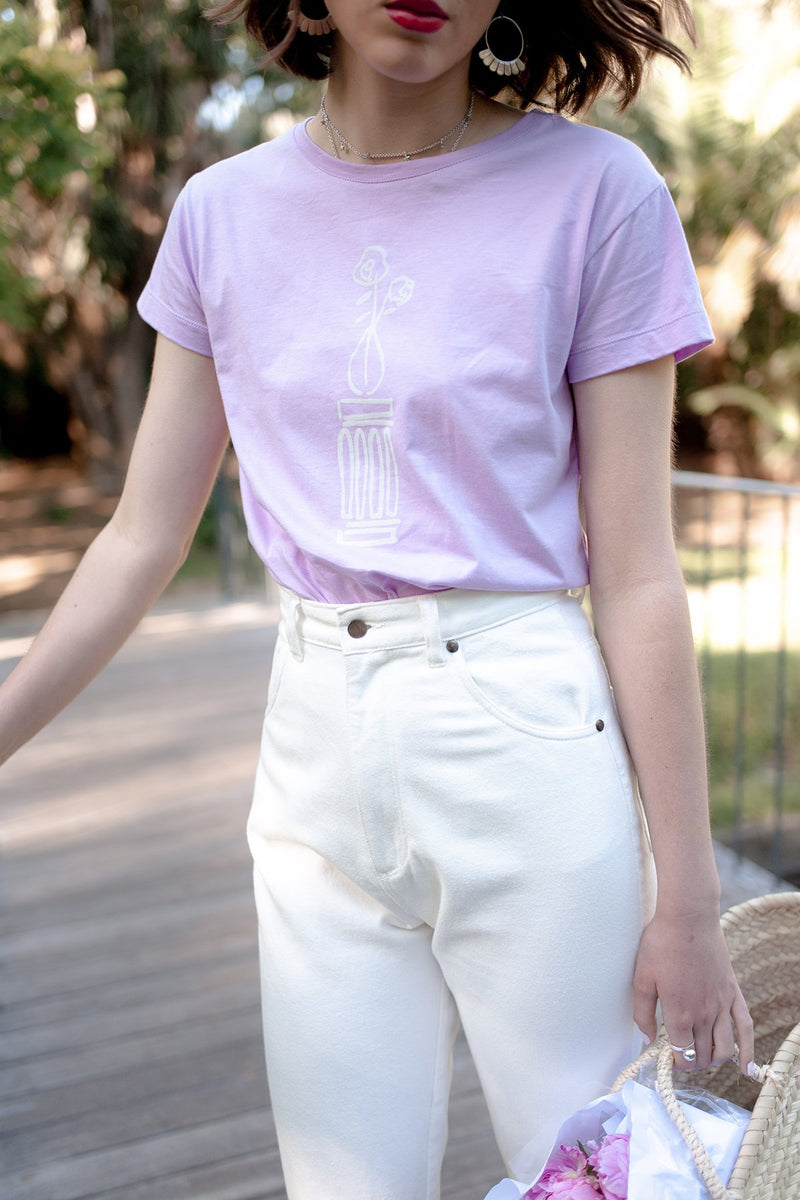 Rosewater T-Shirt, Lavender Organic Cotton, Worn View 3, by Naomi Murrell