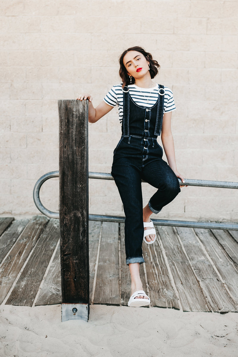 Sailor T-Shirt, White and Indigo Striped Organic Cotton, Worn View 1, by Naomi Murrell