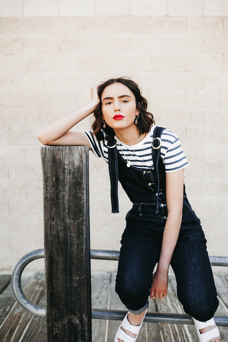 Sailor T-Shirt, White and Indigo Striped Organic Cotton, Worn View 3, by Naomi Murrell