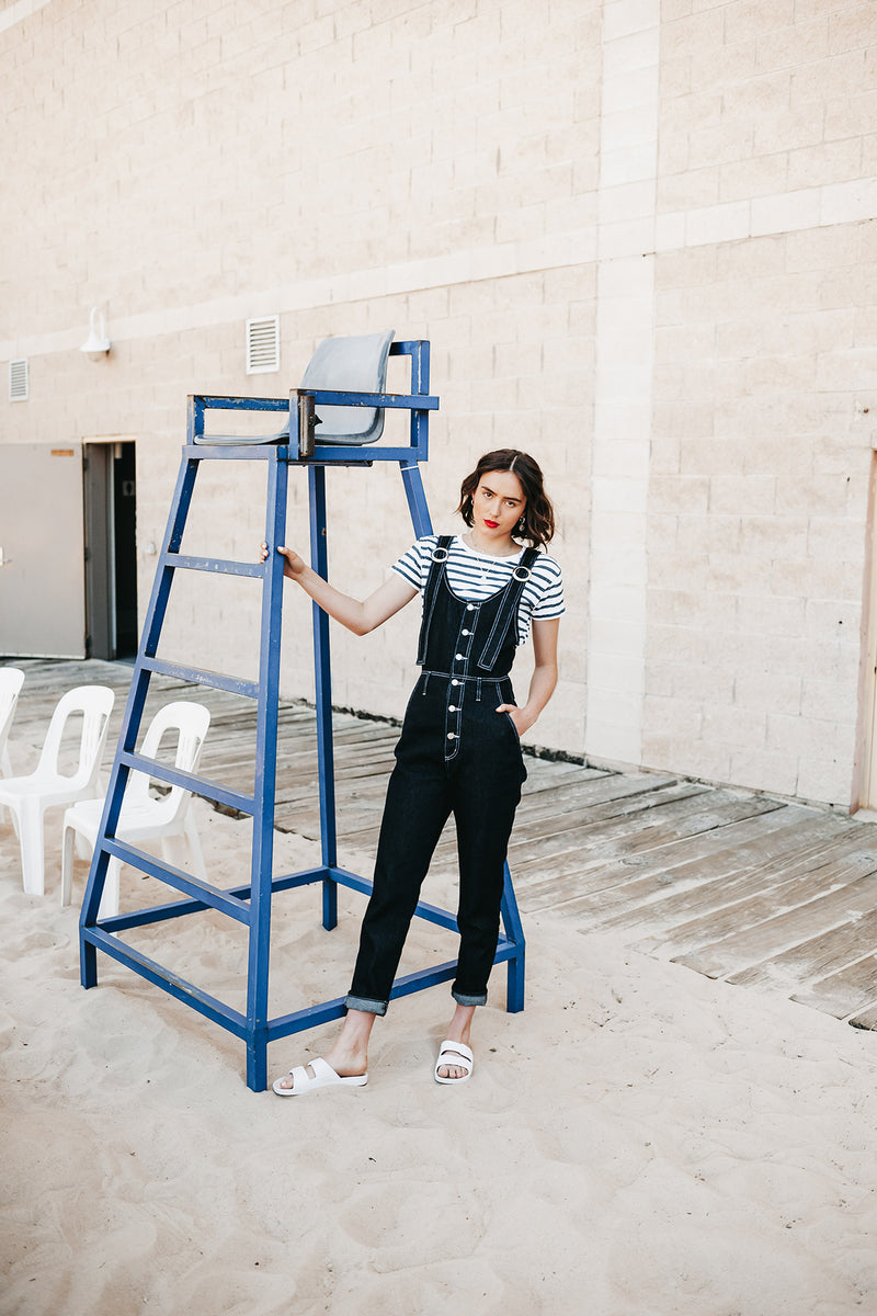 Sailor T-Shirt, White and Indigo Striped Organic Cotton, Worn View 4, by Naomi Murrell