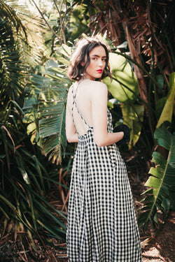 Senorita Dress in Black & White Gingham, Handloom Organic Cotton, Worn View 1, by Naomi Murrell