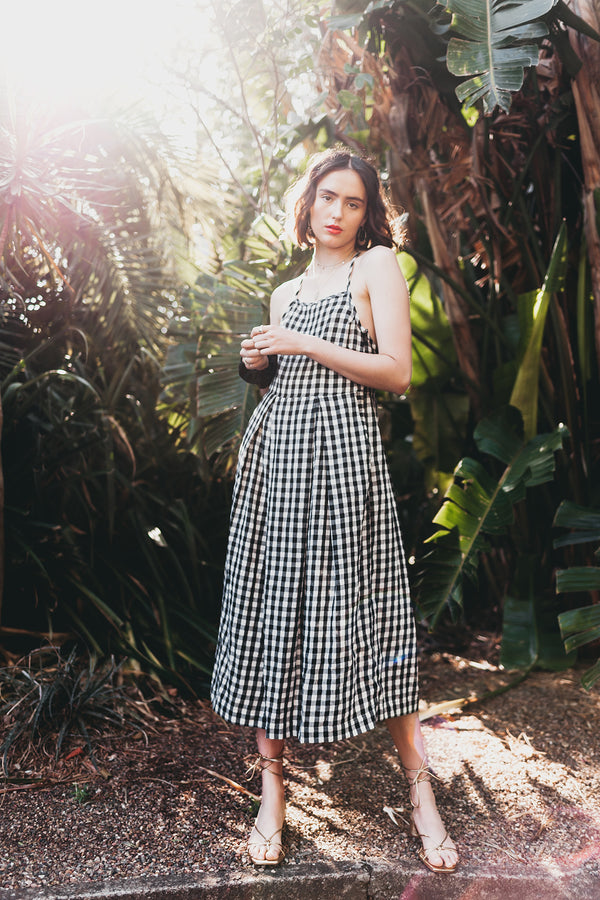 Senorita Dress in Black & White Gingham, Handloom Organic Cotton, Worn View 2, by Naomi Murrell