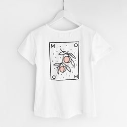Momo (Peaches) T-Shirt, White Organic Cotton, Back View, by Naomi Murrell