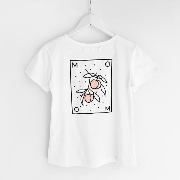 Momo (Peaches) T-Shirt, White Organic Cotton, Back View, by Naomi Murrell