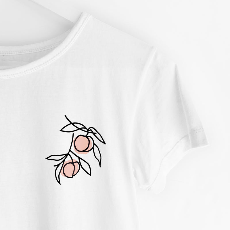 Momo (Peaches) T-Shirt, White Organic Cotton, Front View Close Up, by Naomi Murrell